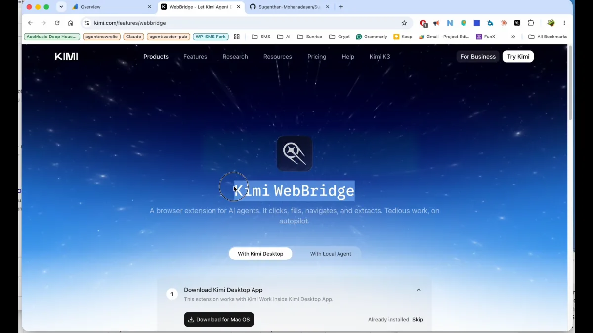 The Kimi WebBridge skill connecting the agent to a real, already-authenticated browser session