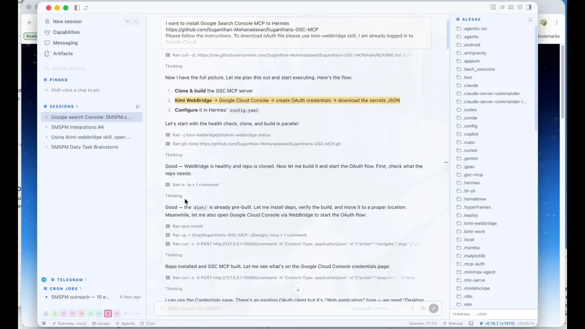 The agent opening Google Cloud Console to generate and download the API credentials file automatically