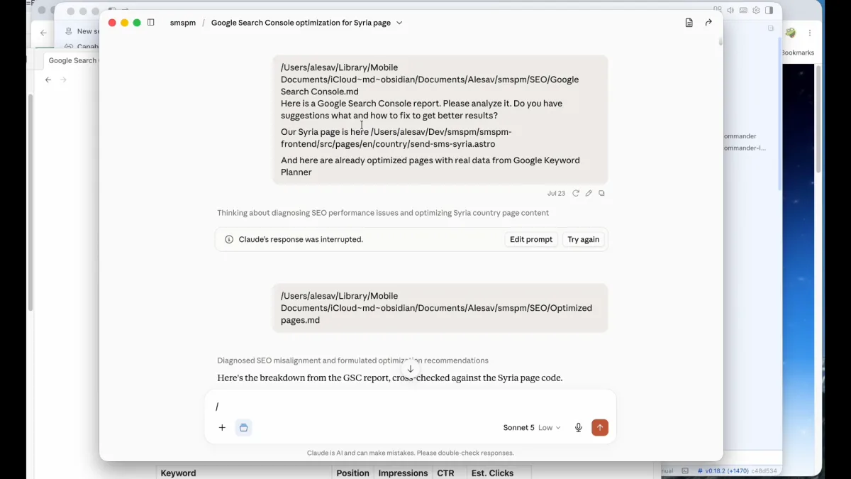 Handing the saved Search Console report to Claude Code for analysis and fixes