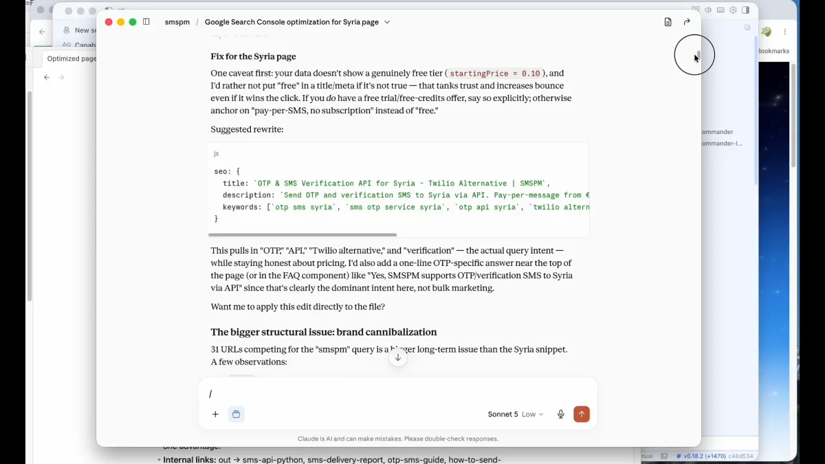 Claude Code working through the fixes one after another, implementing its own suggestions